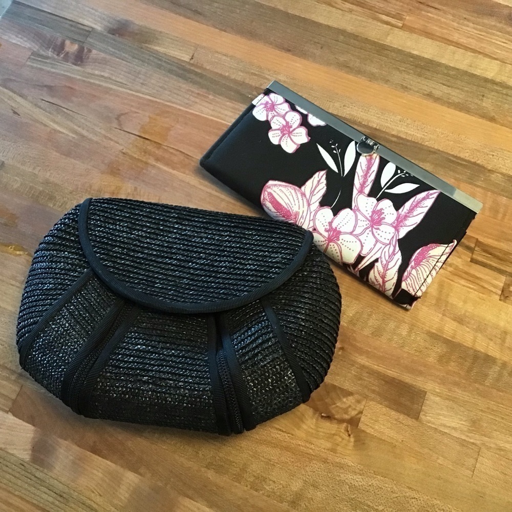 Magid woven grass black clutch and one no brand floral print wallet.